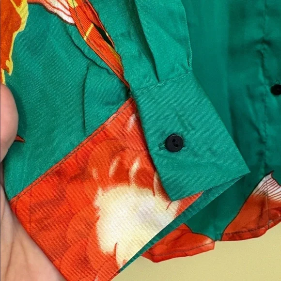 NIP Colorful Teal Orange Gold Fish Print Button Pointed 70s Style Retro Blouse S - Picture 9 of 11